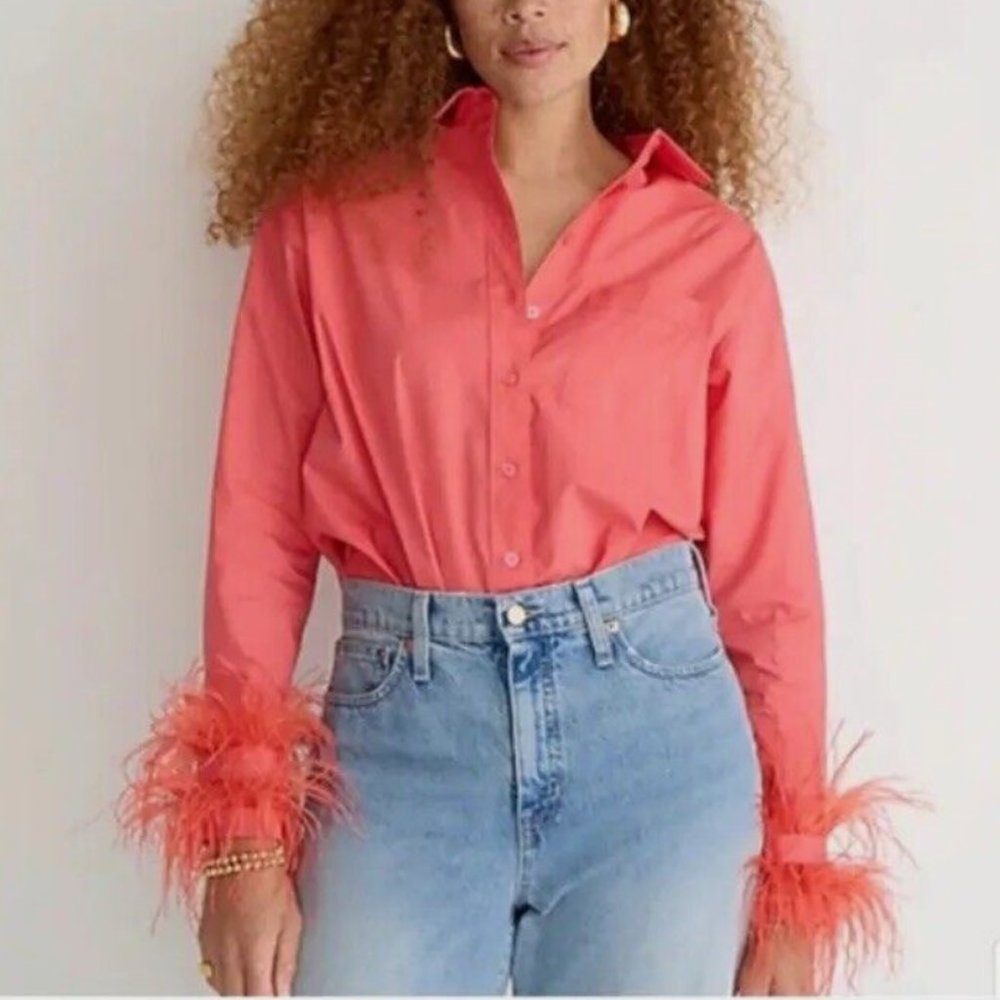 J.CREW collection feather trim poplin dress blouse shirt Sz 2 Coral $190